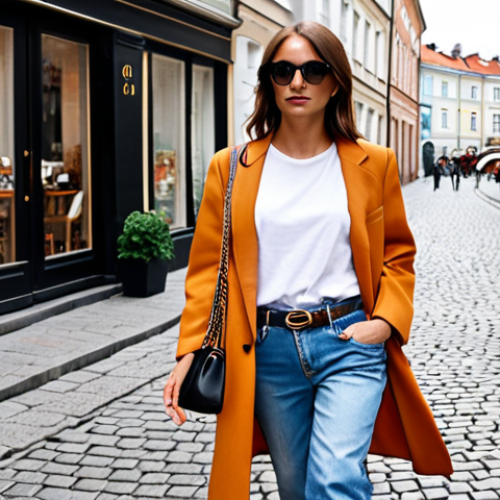 Home 4 **Image Prompt:** A stylish Polish woman in her 30s, casually dressed in boyfriend jeans, a white T-shirt, and an oversized blazer, walking down a cobblestone street in Warsaw. She's carrying a Gucci Jackie 1961 bag in a classic black leather. The background features charming cafes and shops. Focus on the bag as a statement piece amidst the everyday chic.